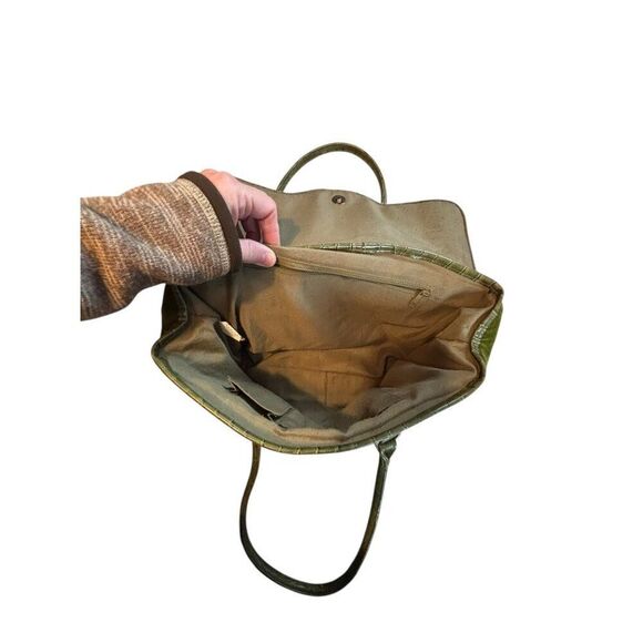 Vintage Green Floral Embroidered Handbag With Dual Handles & Croc Texture Accent - Picture 12 of 15